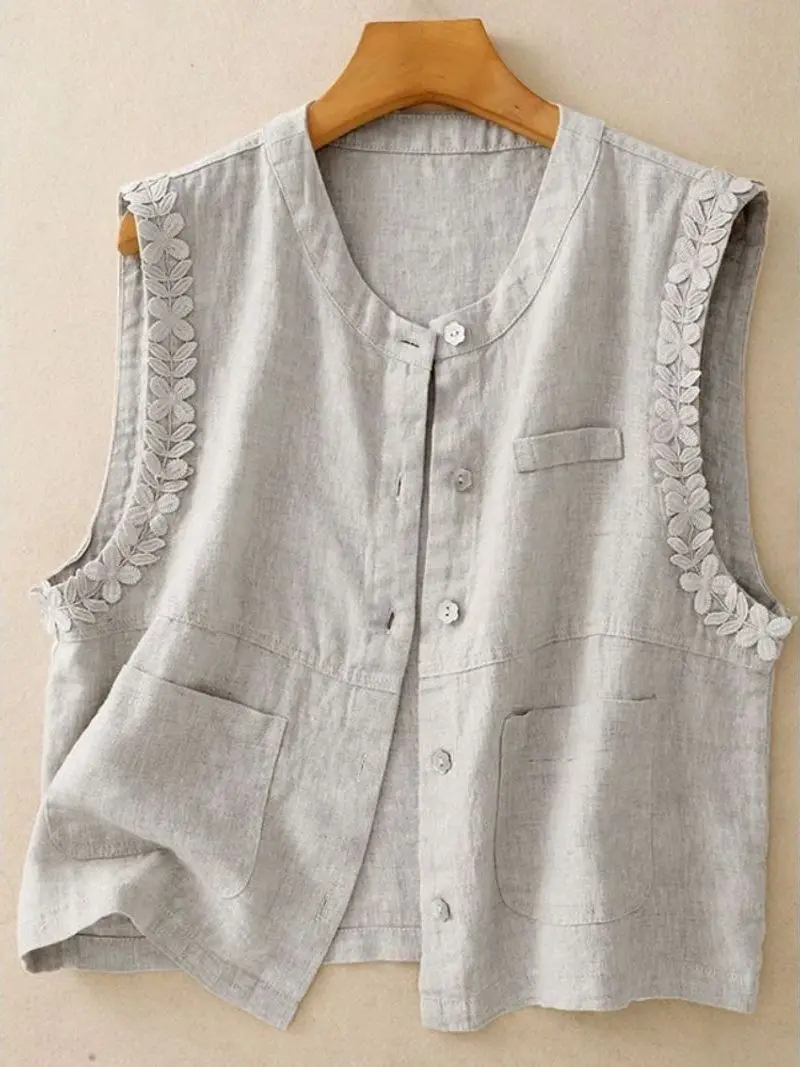 

Summer Cotton Linen Sleeveless Vest Large Size Women's Fashion Lace Trim Slimming Top Thin Model Vest Upper Apparel