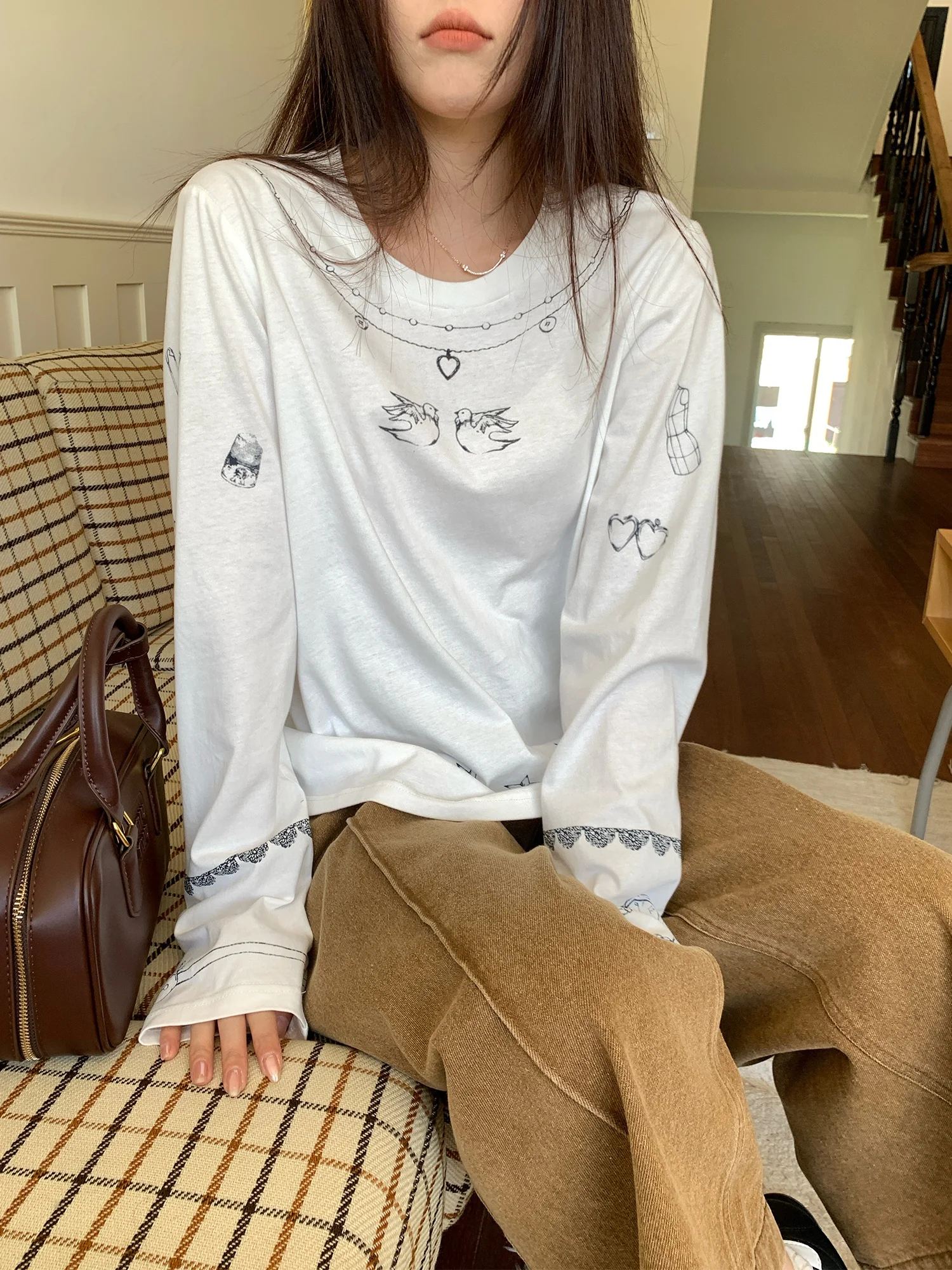 

NAZ Хлопковая футболка большого размера, повседневная свободная футболка с забавным принтом, длинный све, белый моющийся топ для женщин, осенний сезон, круглый Ne