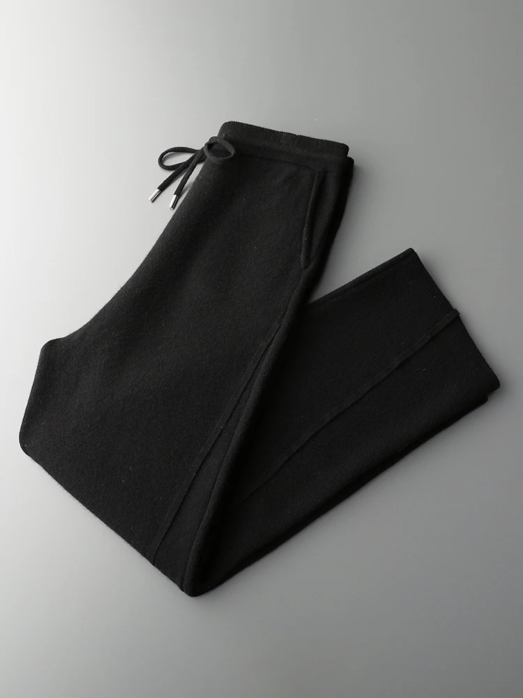 Autumn Winter Men Wool Wide Leg Pants Thick Cashmere Elastic Waist Knitwear Trousers Casual Pockets 100% Merino Wool Knitwear