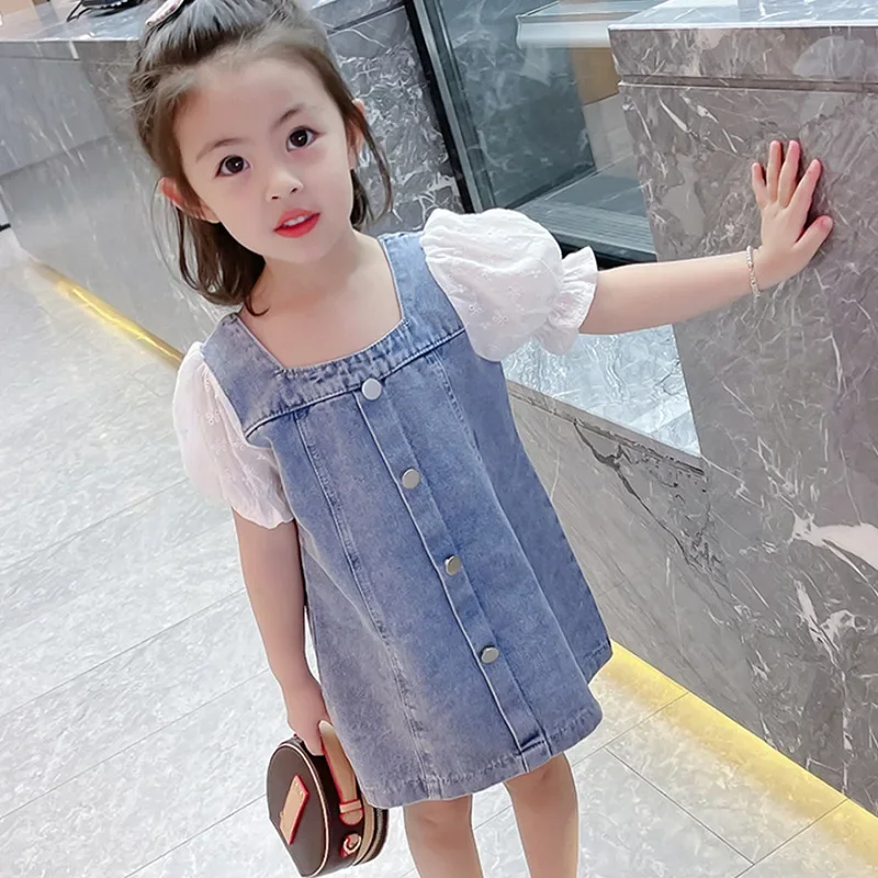 

summer short dress for girls kids clothes puff sleeve lace jeans denim dresses patchwork toddler outfits vestidos 3 to 8 yrs