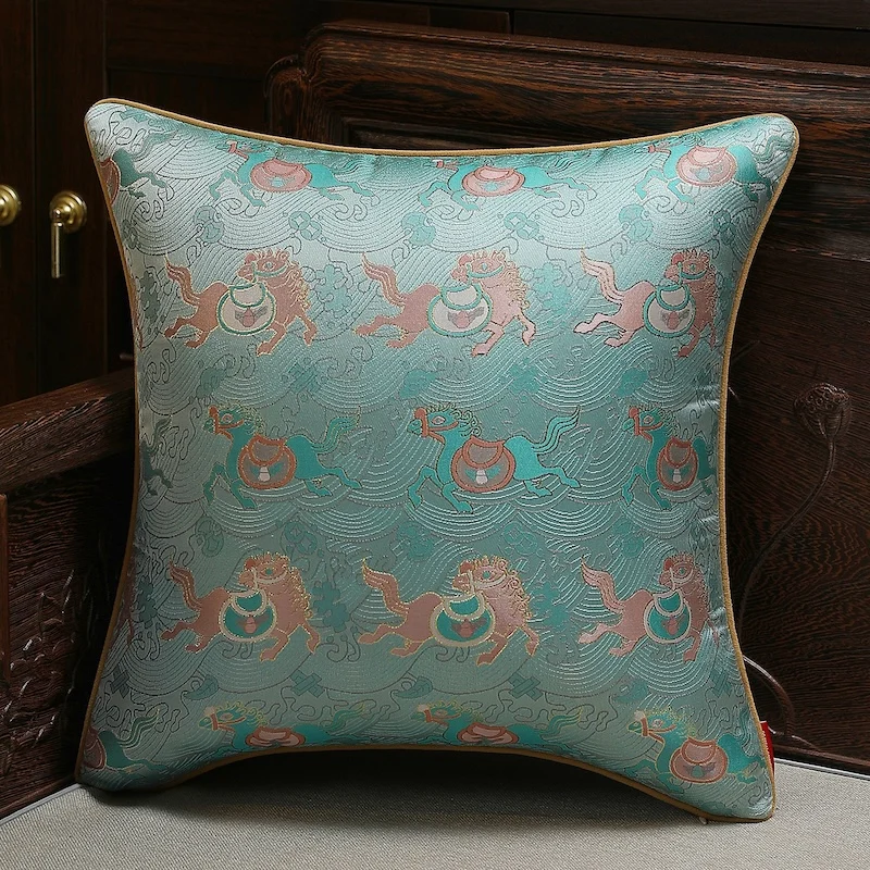 Traditional Chinese Silk Brocade Pillow Cover | Retro Divine Horse Pattern Cushion Case | Elegant Palace Style Sofa Bedroom Deco