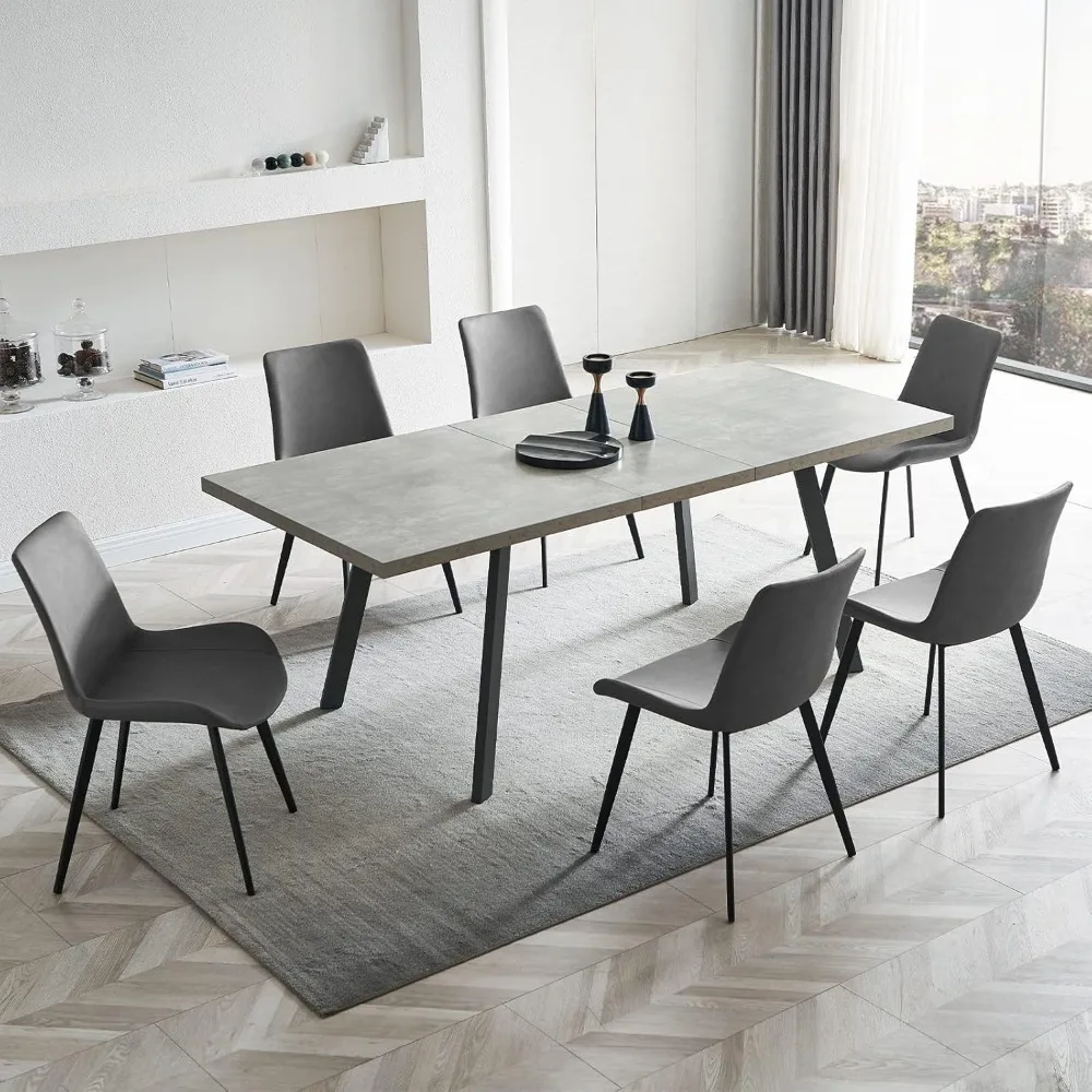 7 Piece Dining Table Set, 62 Inch Modern Kitchen Table with 6 Dining Chairs, Expandable MDF Dining Table with Steel Legs