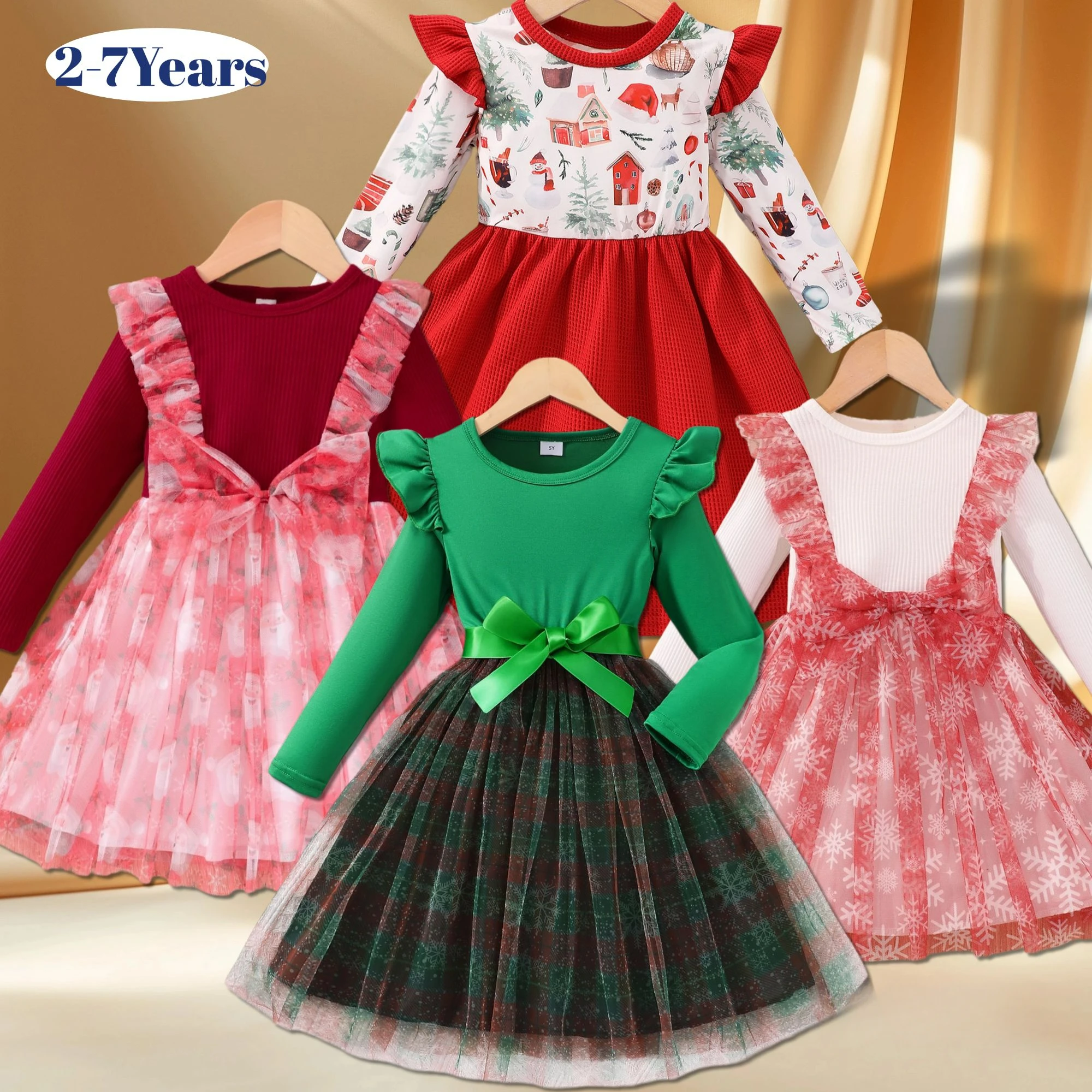 

New Christmas Kids Girls Dress Long Sleeve Spring Summer Gauze Bow Children Dress Casual Holiday Gifts Soft Sweet Girls Clothing