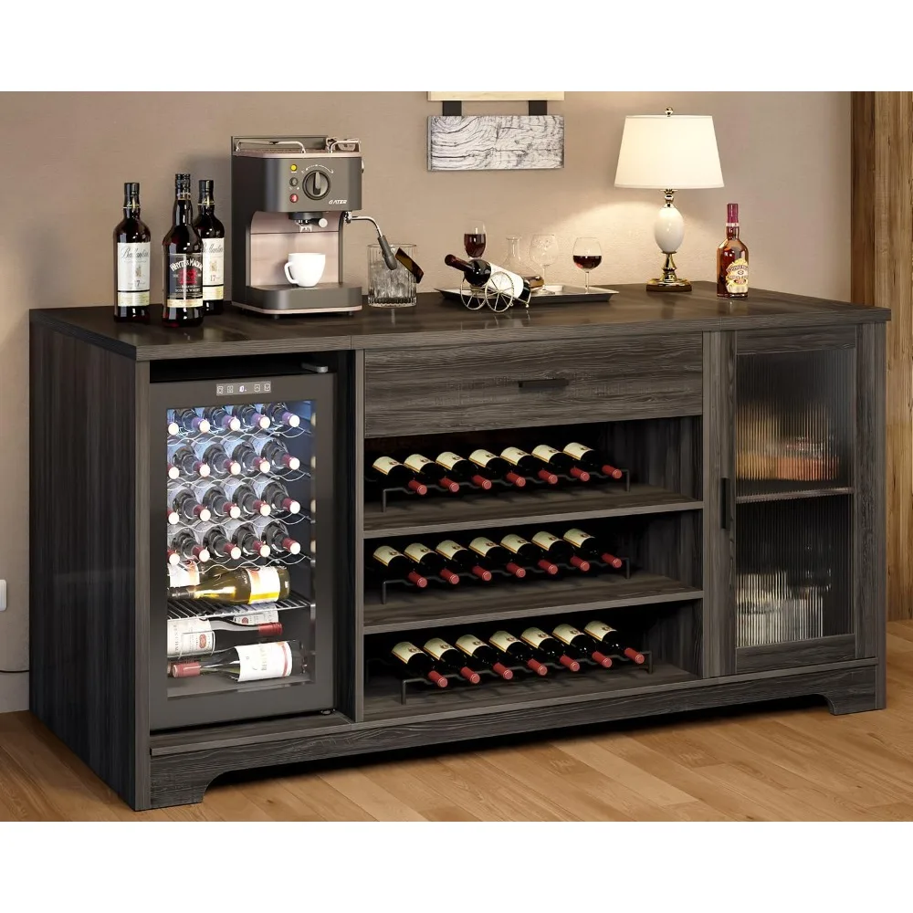 

Coffee Bar Cabinet with Wine Mini Fridge Space, Farmhouse Large Liquor Cooler Cabinets with Drawer Storage Rack, Modern Wood Me