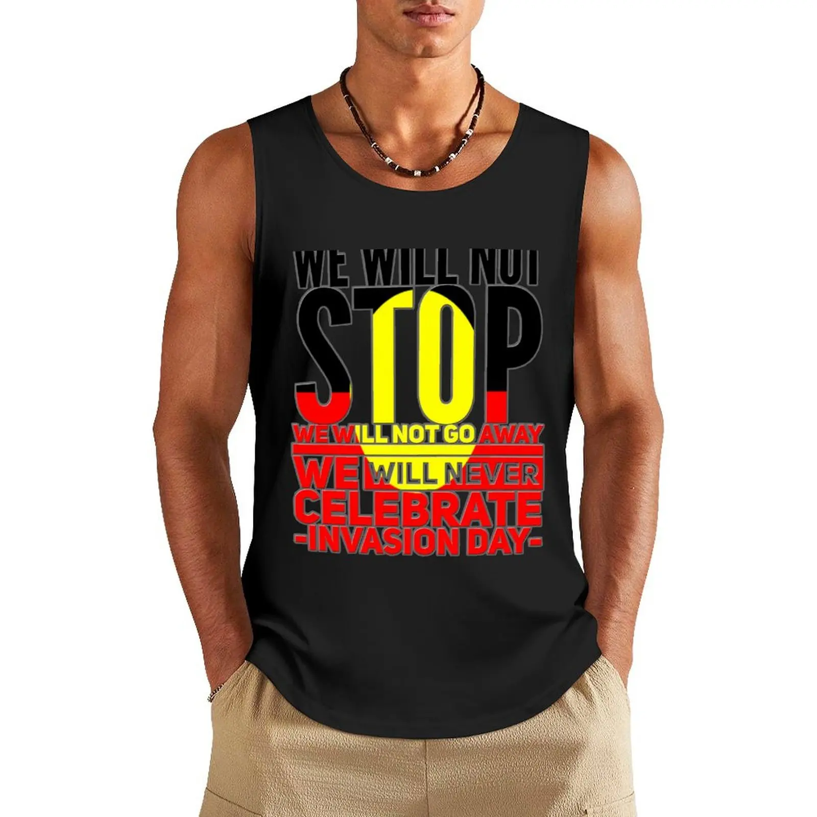 Grey ouline We will not stop we will not go away we will never celebrate Australia Day Tank Top mens gym clothes gym t-shirts