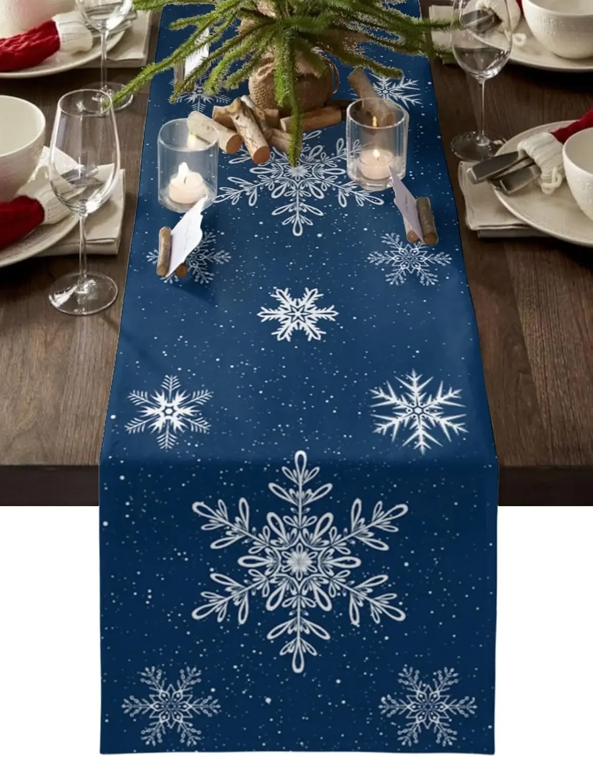 Christmas Snowflakes Navy Blue Linen Table Runner for Table Decor Winter Xmas Kitchen Dining Table Runners Christmas Decorations