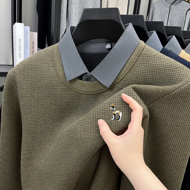 Men's New Knitwear Sweater Pile Knit Turn-Down Collar Embroidery Long Sleeve Pullover Autumn Winter Fashion Warmth Men Clothing