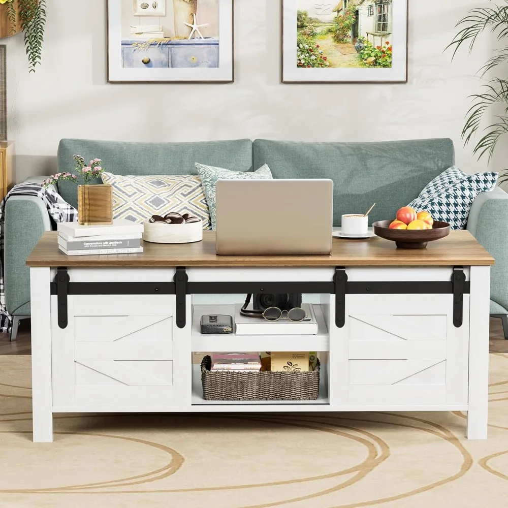 

Журнальный столик в фермерском доме с местом для хранения и раздвижными дверями сарая, современный столик для гостиной в деревенском стиле с регулируемыми полками