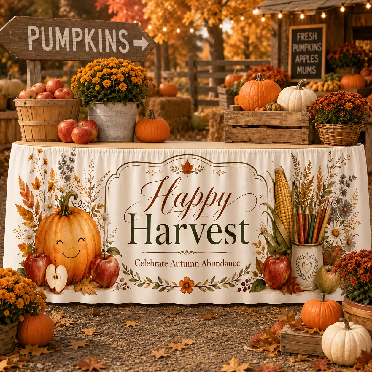 Party table skirt - 1-piece set - Cute smiling pumpkin, apple, wildflower - Harvest and joy table skirt