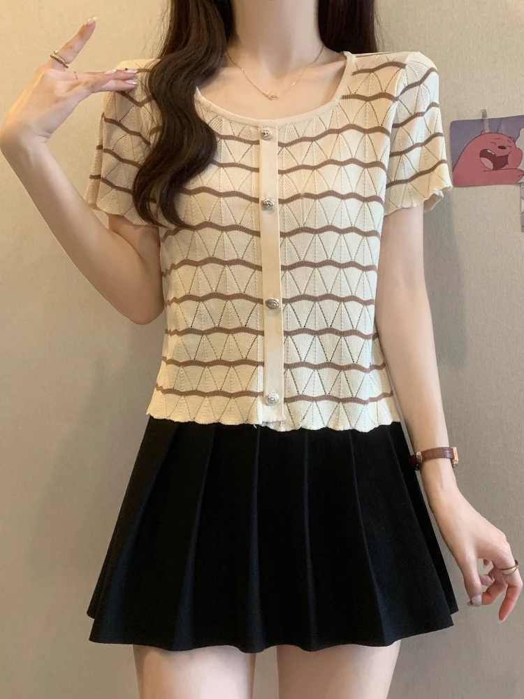 

Slimming Stripe Ice Silk Short Sleeve T-Shirt Women's Summer Fashion Large Size Beautiful Korean Style Straight Cut Top