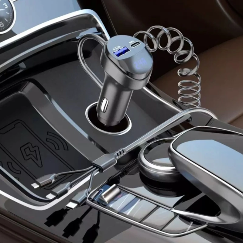 Cargador rápido de teléfono para coche, 3 en 1 Cable de carga retráctil, pantalla de voltaje de 3.1A, 2 puertos USB, para camión, automóvil y vehículo