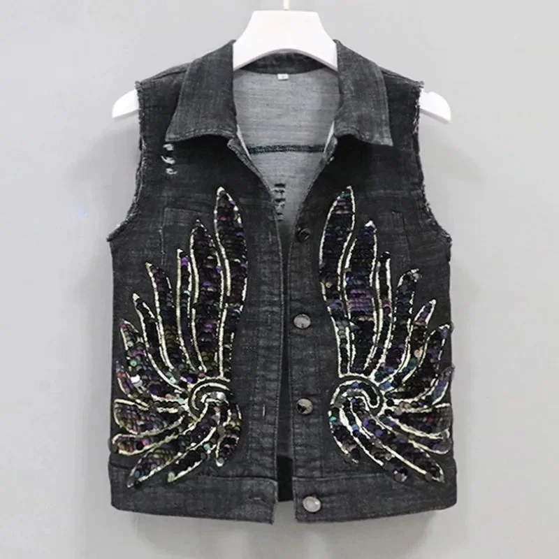 Korean Fashion Denim Vest Women Coat 2025 Spring/Summer New Sequins Phoenix Flower Outerwear Sleeveless Short Jacket Female Tops