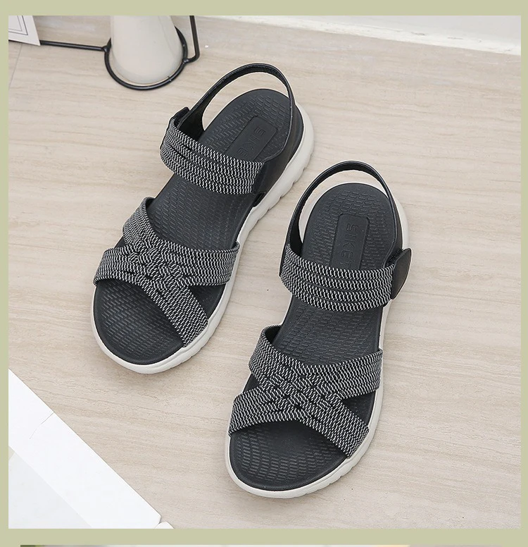 SIKETU Brand Women\'s Casual Strappy Wedge Sandals Hook Loop Cross Strap Ankle Wrap Sproty Comfortable Walking Shoes Solid Color