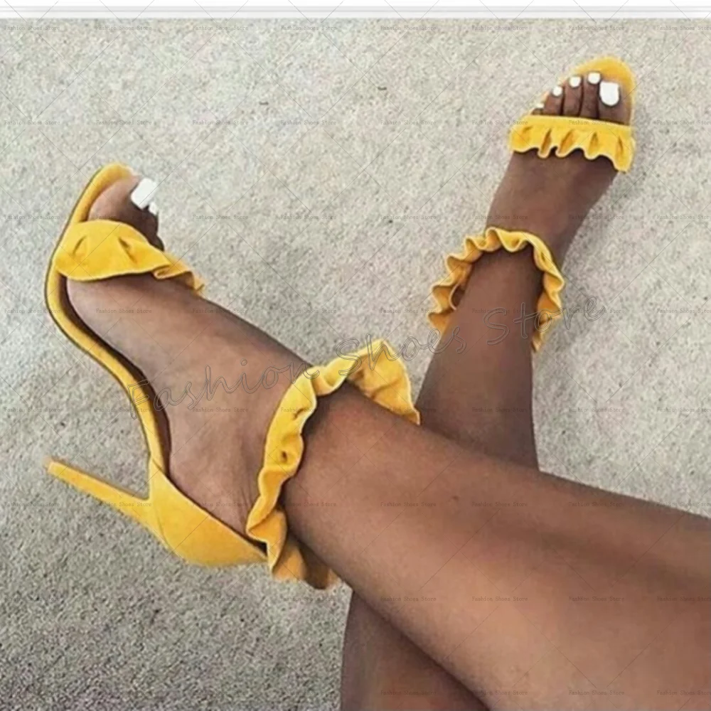 Yellow Ruffles Open Toe Sandals Round Toe Women Shoes Fashion Stilettos High Heels Party Banquet Dating 2025 Zapatos Para Mujere