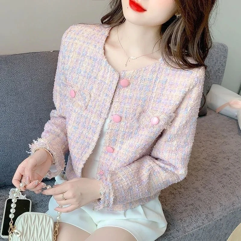 Women\'s Jacket 2024 Spring Autumn New Pink Tweed Small Fragrance Coat Short Jacket Korean Fashion Elegant Female Outerwear Tops