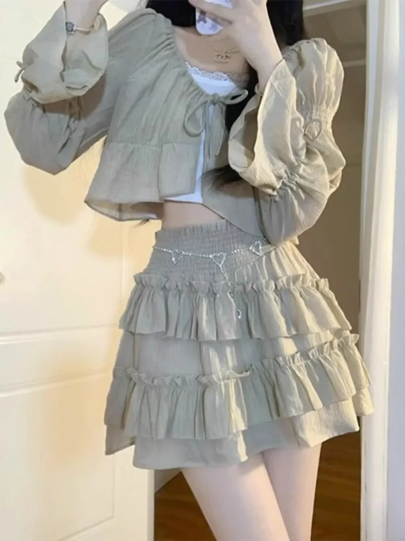 Korean College Fashion Camisole Cardigan Cake Skirt Three Piece Set Women Bow Lace Up Flounce Sweet Spicy Girl Summer Lady Wear