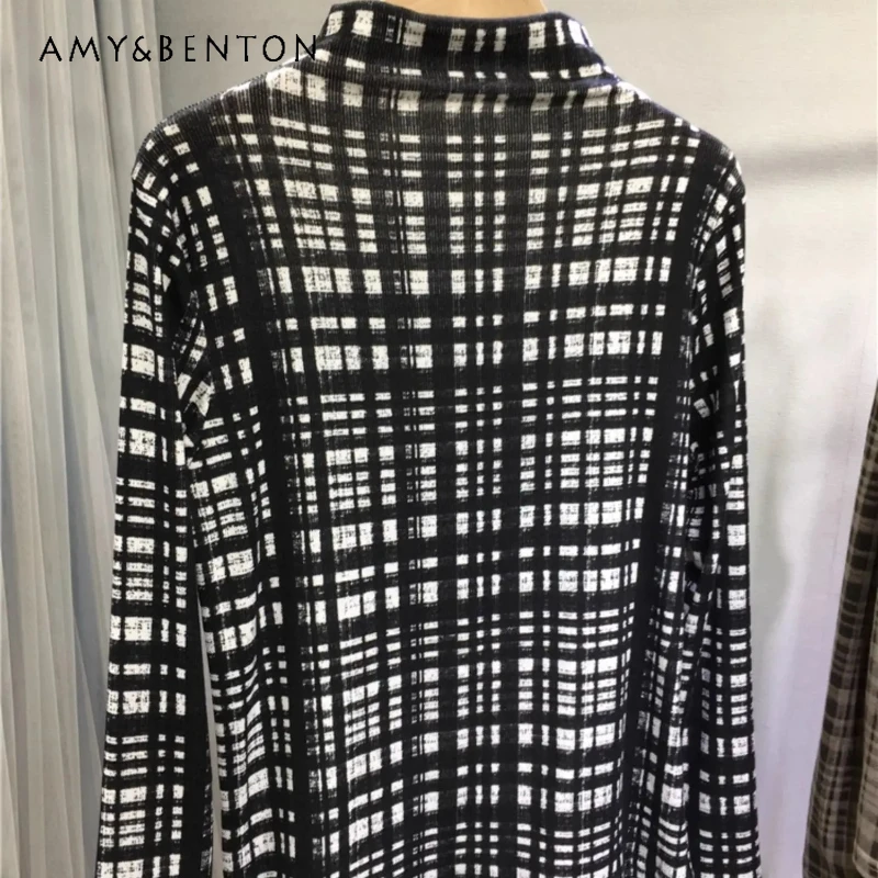 

Long Sleeved T-shirt Heavy Rhinestone Bottoming Shirt Ladies Versatile Slimming Sweet Cartoon Half High Collar Plaid Tight Tees