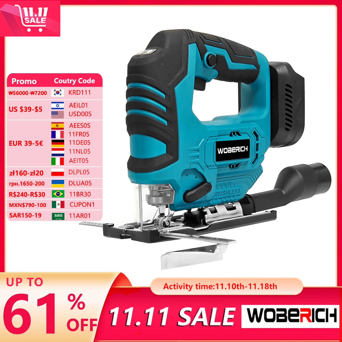 WOBERICH 18V Brushless Jig Saw Electric Jigsaw Adjustable Blade Woodworking 2900RPM 65mm Power Tool for Makita 18V Battery