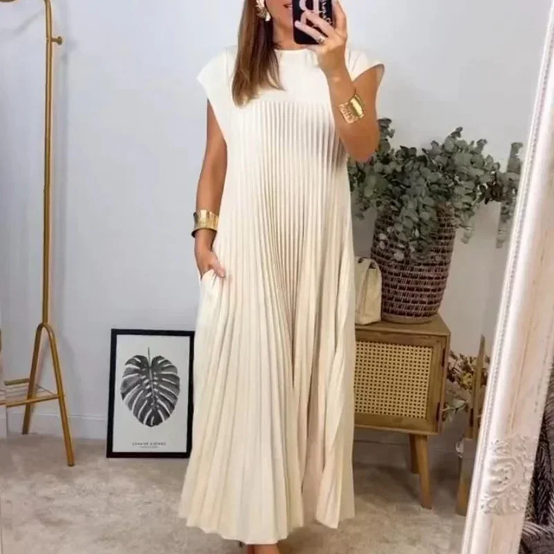 Female Solid Color Loose Swing Sleeveless Long Dress Round Collar Basic Pleated Dress Spring Summer Casual Wome Beach Boho Robe