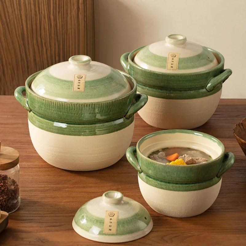 1.5/3/3.8L Clay Pot Household Ceramic Stew Pots High-temperature Non Cracking Soup Container Double Lid Design Cooking Cookware