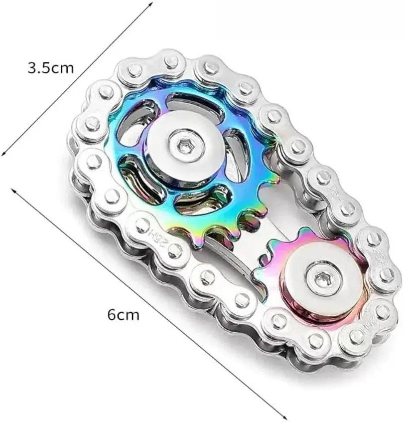 プレミアムレインボーギアチェーンフィジェットスピナー - メタルスプロケットフィジェットトイ - 集中力とストレス解消のためのコンパクトな2.36インチ x 1.38インチ