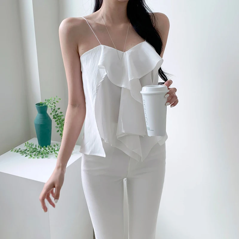 Coreano Sle Chic verano Sexy puro deseo diseño asimétrico dulce encaje ribete V-Ne Correa Top mujer viaje viento