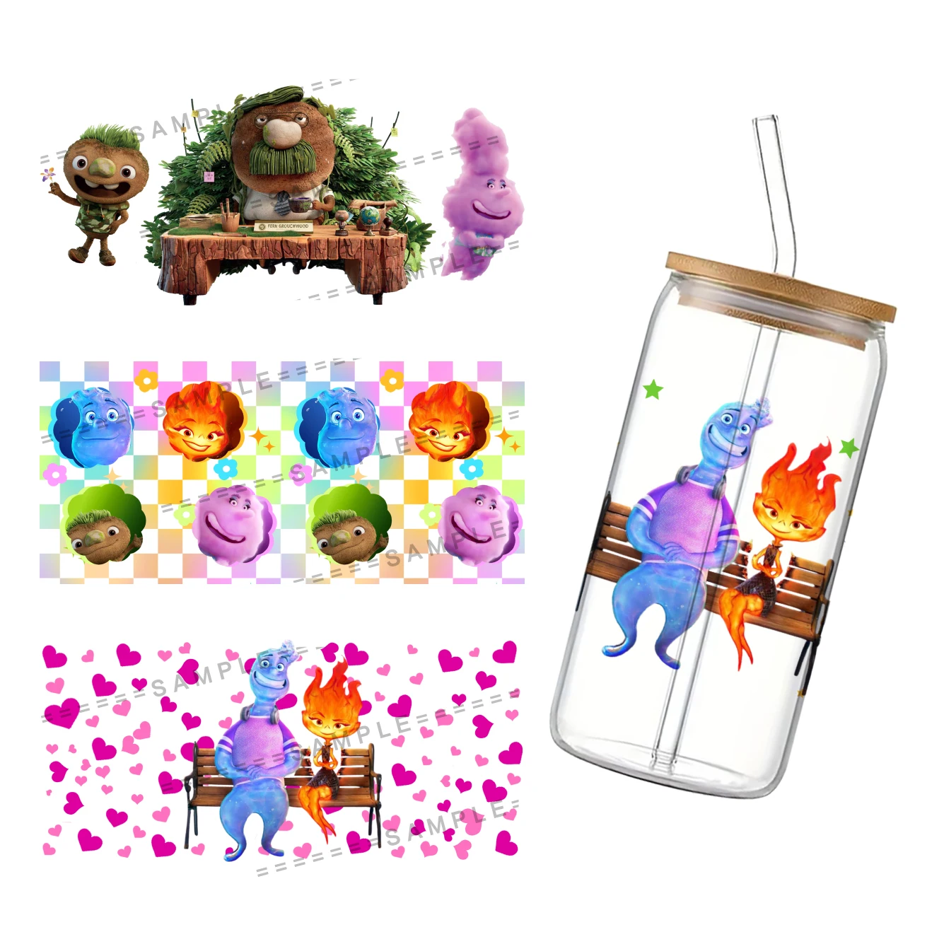 

11x24cm Disney Elemental 16OZ UV DTF Cup Wrap Transfers Stickers Custom Labels DIY Durable Waterproof Logo For Libbey Glass Can