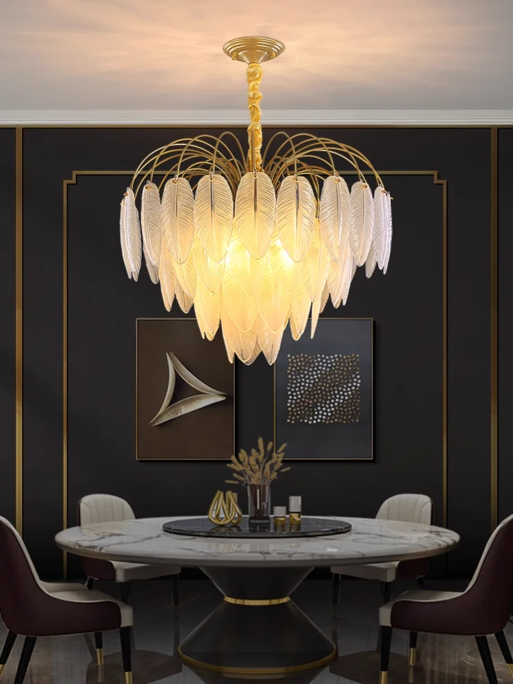 Elegant LED Art Deco Chandelier with White Glass and Gold Silver Feathers for Bedroom Entryway Home Decoration Lighting