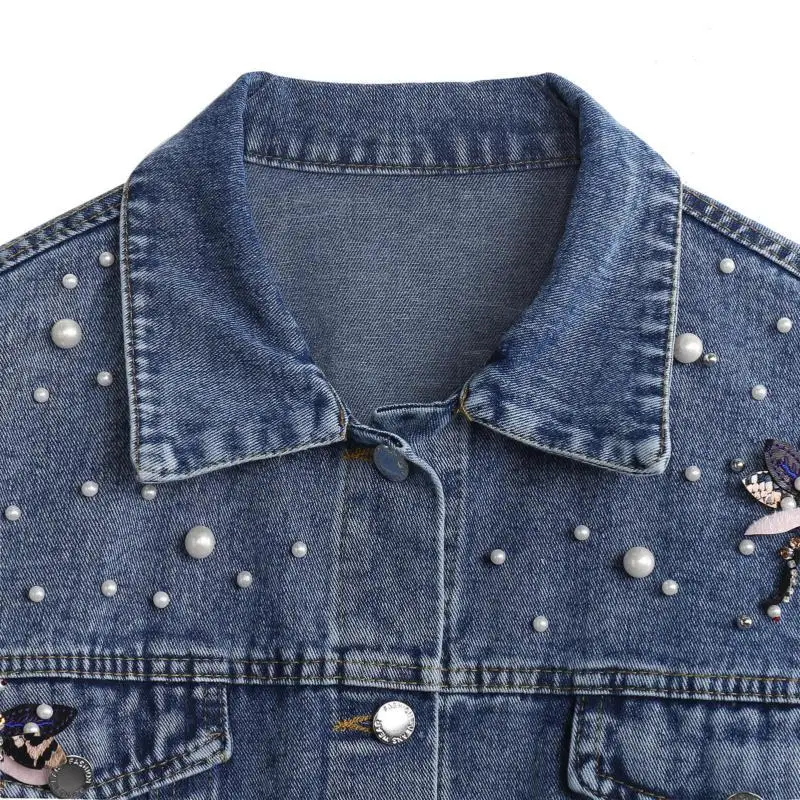 Frauen drehen Kragen einreihige Denim gewaschene Mäntel Langarm Cardigan Jacken Oberbekleidung Grundlagen Diamanten Taschen