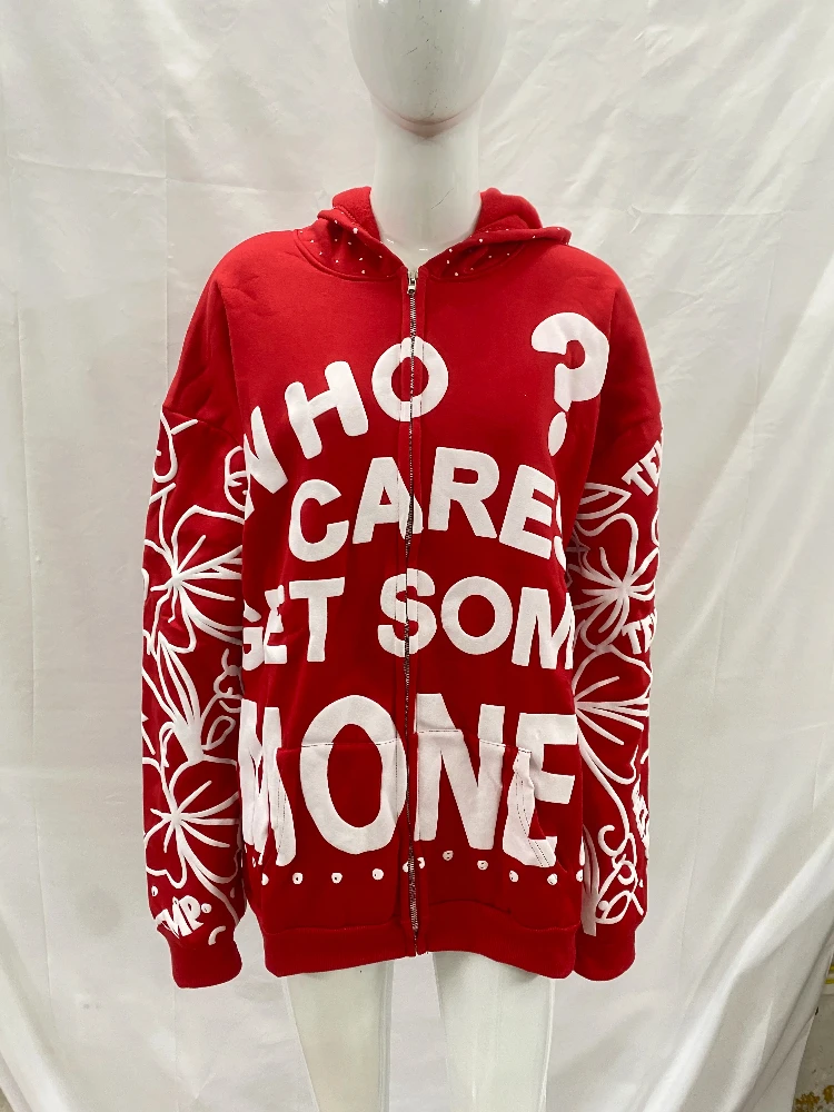 

Sweatshirt cardigan zipper decoration with rhinestone foam print pattern for street wear, trendy retro hoodie for couples