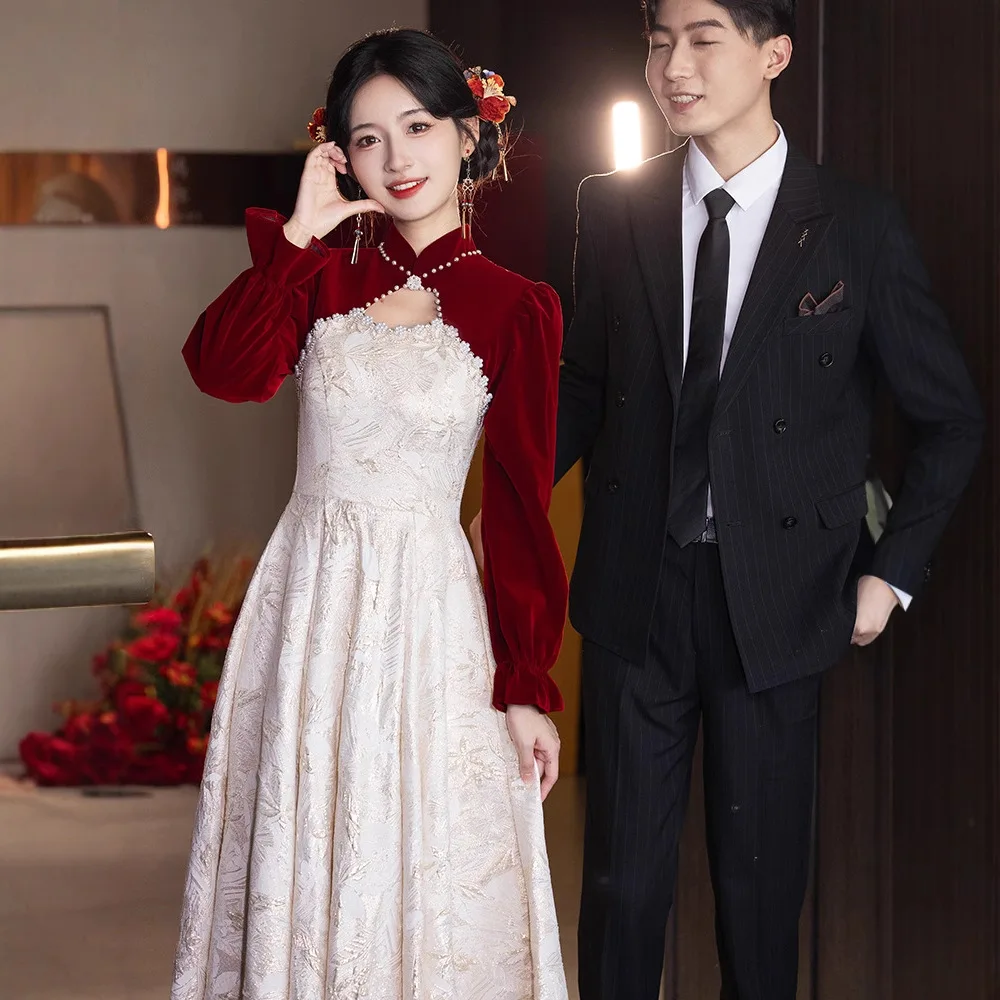 

Autumn Winter Velvet Dress Chinese Bride Wedding Party Bridal Toast Clothes Elegant Novelty Cheongsam Female Big Size 3XL Qipao