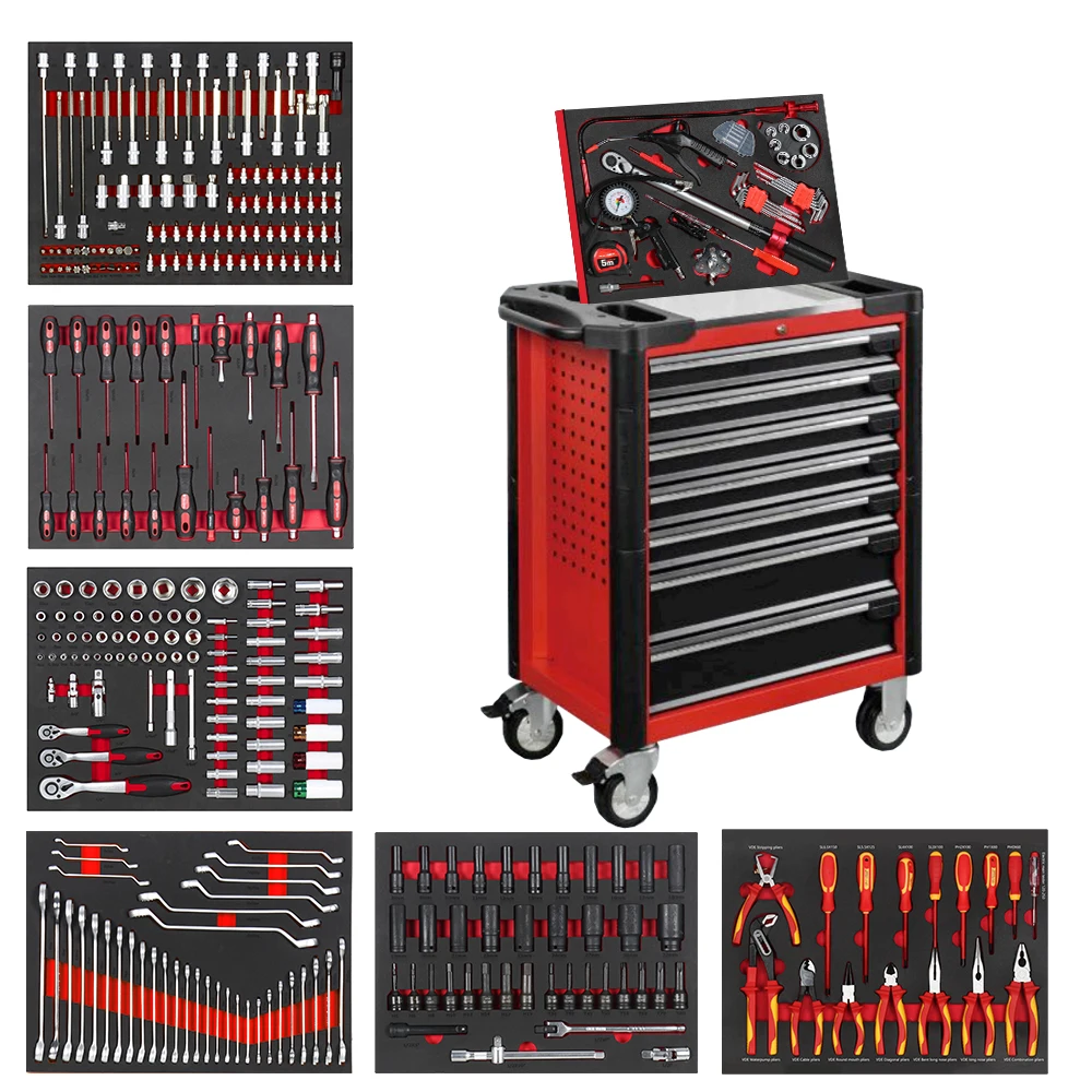 Professional 7 Drawers 336pcs Red Tool Cabinet/Trolley Pegboard Side Door 300kg Load Capacity For Garage Storage Auto Repair