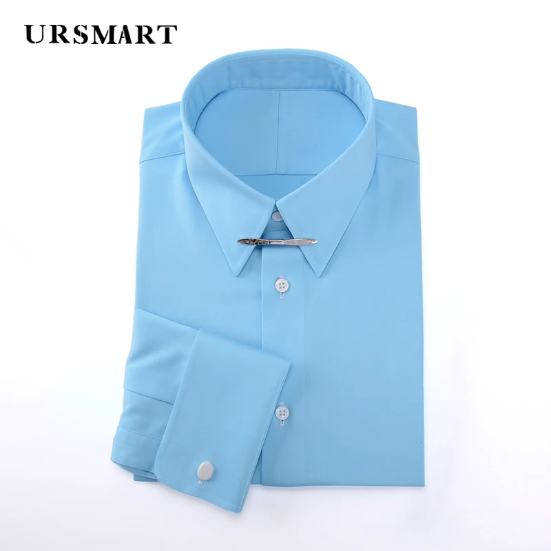 Collar clip long pointed collar men's long sleeved shirt 100% cotton British retro gentleman slim fit French cuffs shirt for men