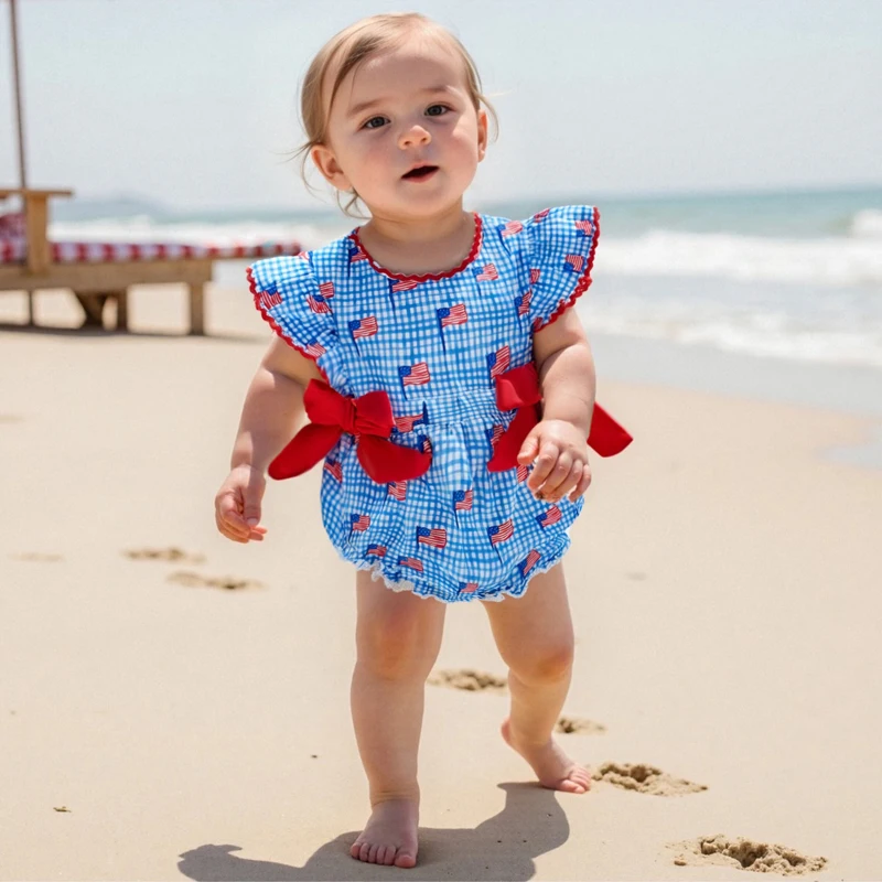 

Infant Girls Patriotic Romper with Flutter Sleeves Round Neckline American Flag Print and Plaid Design Overall