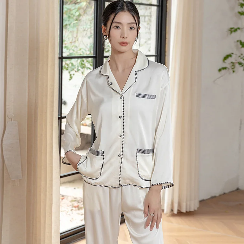 Long Sleeved Cardigan Loungewear Minimalist Homewear Sexy Lapel Two-Piece Pajamas Women's Satin Sleepwear Loose Casual Nightwear