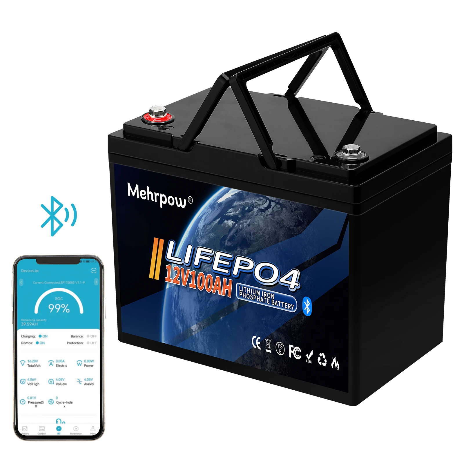 12V 100AH LiFePO4 Lithium Iron Phosphate Deep Cycle Battery Bluetooth BMS IP65 Waterproof for Yacht Boat RV Solar Energy Camping