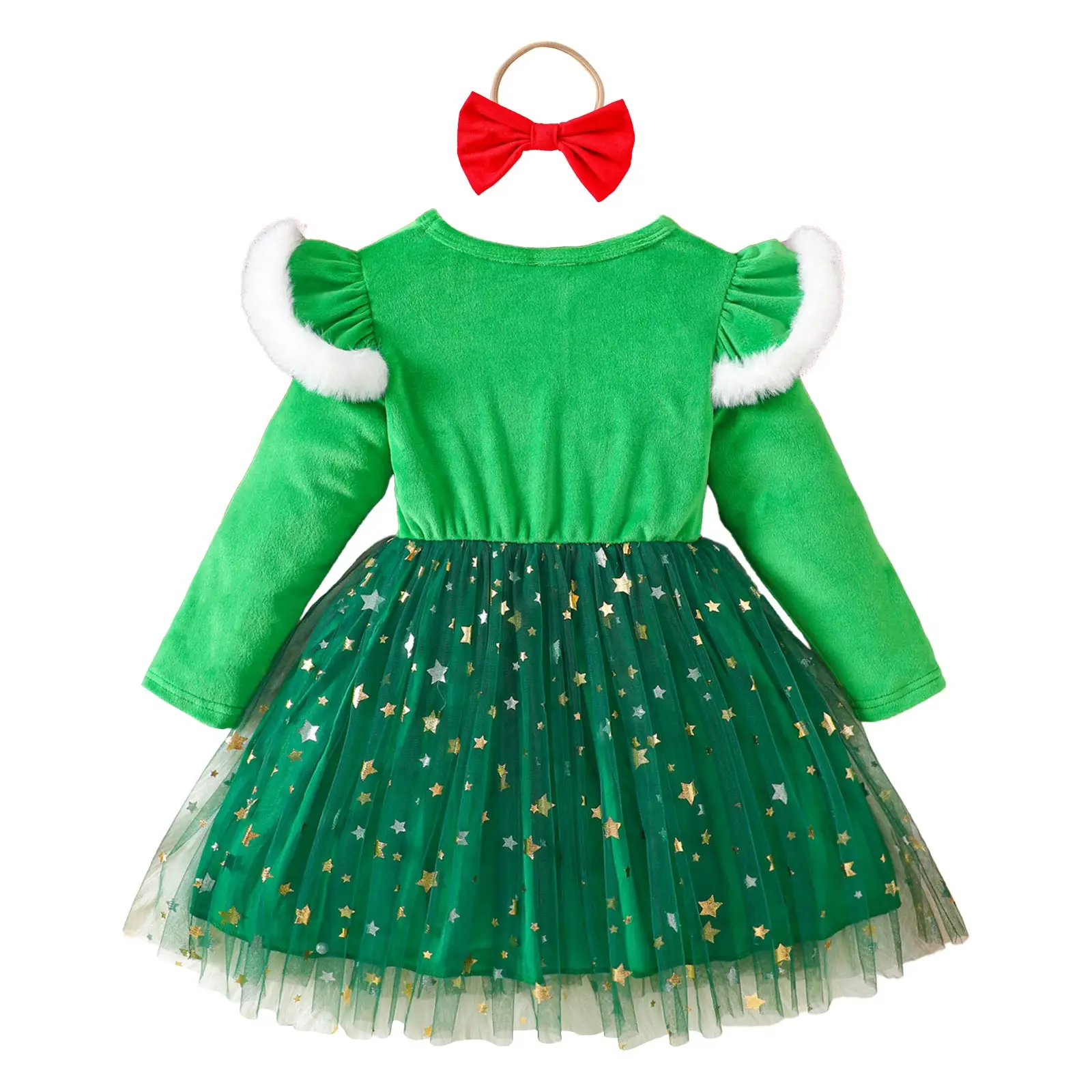 Christmas Eif Tutu Dress Girls Santa Ballet Dance Costume Ruffle Long Sleeves Velvet Bodice Sequin Star Tulle Dress And Hairband - view 4
