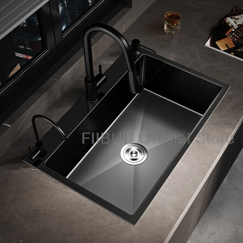 

Черная кухонная раковина из нержавеющей стали, большая емкость, одна чаша, утолщенная многофункциональная раковина ручной работы с несколькими аксессуарами