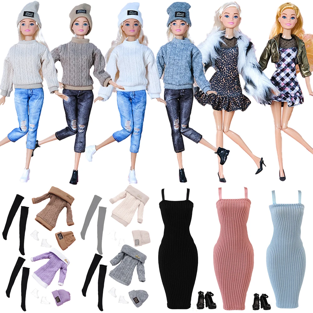 Doll Clothes Solid Color Sweater+Hat+Pants,Plush Coat+Dress,Knitted Skirt Suit For Barbies&BJD Doll Accessories Shoes Girl's Toy