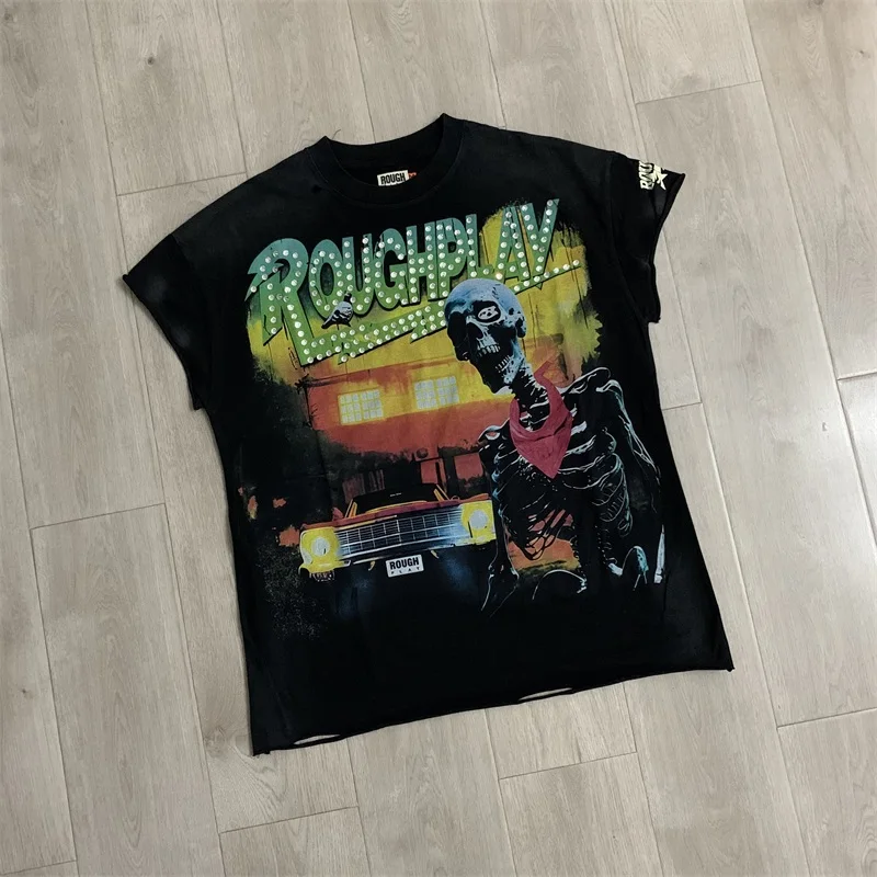 Rough Skeleton Print Sleeveless Tees Hot Dril Letter Black Pure Cotton Hip Hop Womens Oversized T-Shirts