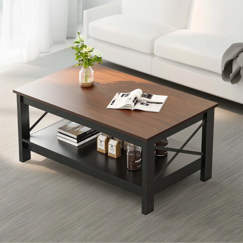 

2-Tier Brown Coffee Table with Open Storage Shelf Farmhouse Accent Cocktail Center Ends Table for Living Room