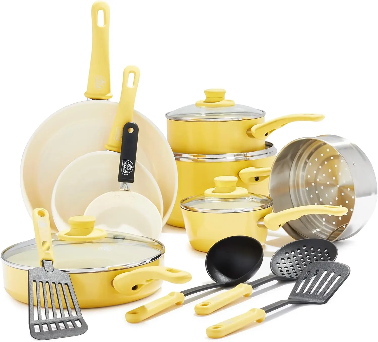 

16-Piece Nonstick Cookware Set, Ceramic Coating, Oven Safe, Soft Grip Handles, Yellow