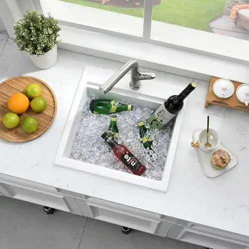 

15 Inch White Quartz Drop-In Single Bowl Bar Sink With Wood Chopping Board, Grid Drain Rack, And Stainless Steel Strainer