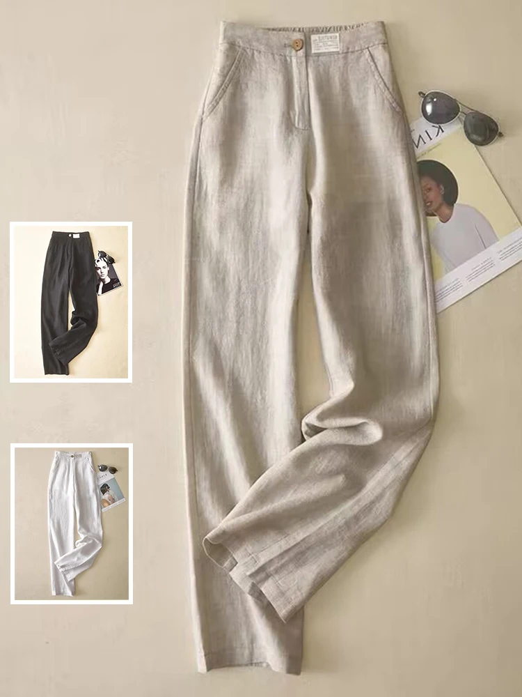 

Брюки женские прямые из хлопка и льна с высокой талией, больших размеров, повседневные, стройнящие, струящиеся, художественные, для офиса