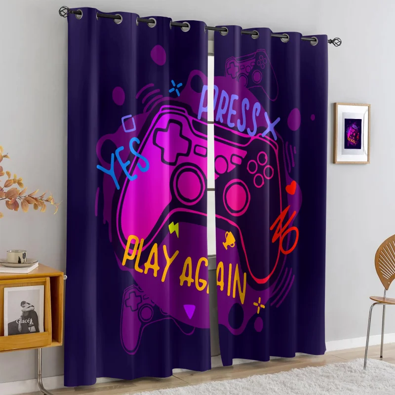 

2 шт. неоново-фиолетовых светонепроницаемых штор с принтом геймпада, перфорированные, разных размеров, для игровой комнаты, спальни, комнаты подростка, теплоизоляционные, декоративные