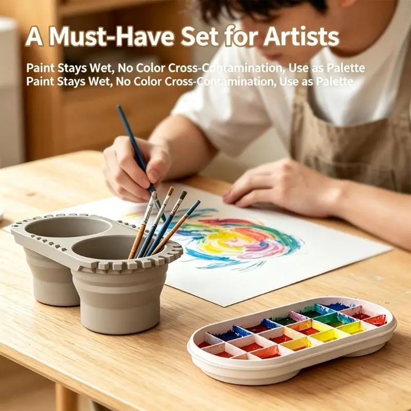 Collapsible Paint Brush Washer Set with Two Water Cups and Paint Tray for Art Class, Studio, and Daily Art Use D2RC