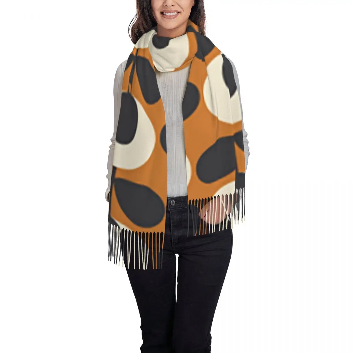 Orla Kiely Flowers Abstract Scarf Tassel Scarves Women Soft Warm Shawls and Wraps Large Fall Winter Shawl Wrap