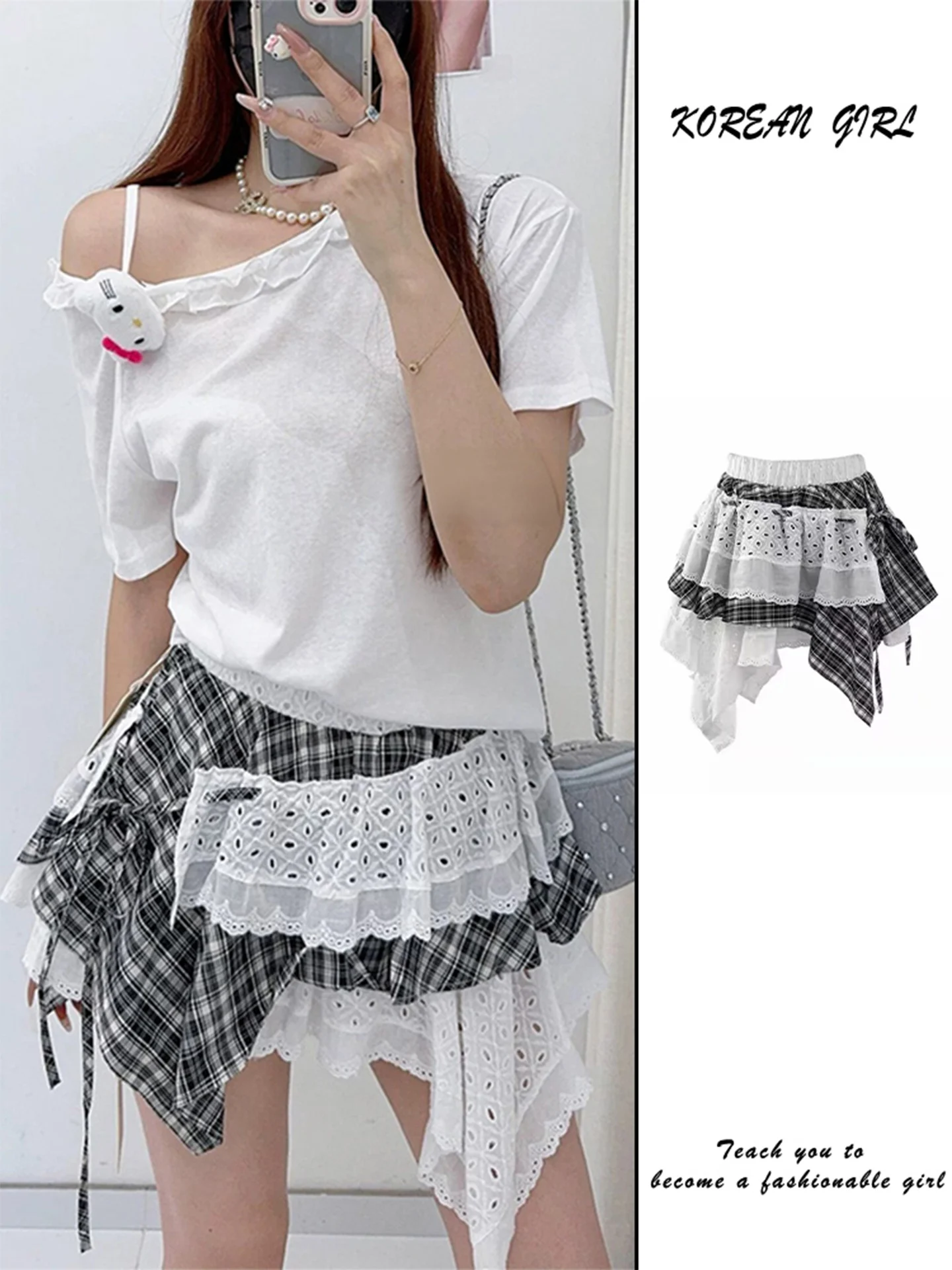 Y2K Spicy Girl Asymmetrical Lace Plaid  Skirt Women's Summer Design Sense Belted A-Line Fluffy Cake Short Skirt