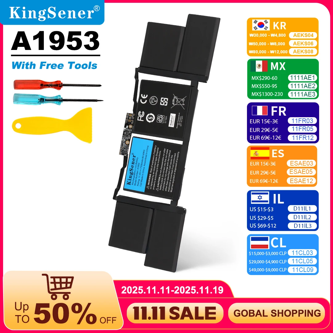 KingSener A1953 batterie d'ordinateur portable pour Apple MacBook Pro 15 A1990 barre tactile 2018 2019 EMC 3215 MC3359 MR962LL 11.42V 83.6Wh
