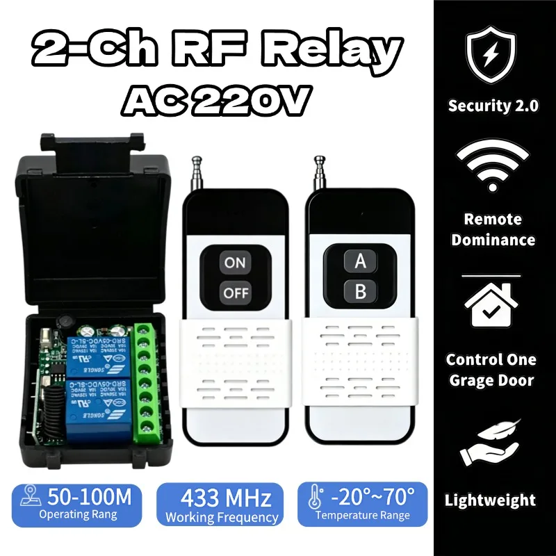 AC 85~250V 10A 2200W 2CH 2 Gangs RF 433MHz Remote Control Switch Wireless Relay Receiver for Garage Lighting Electric Door